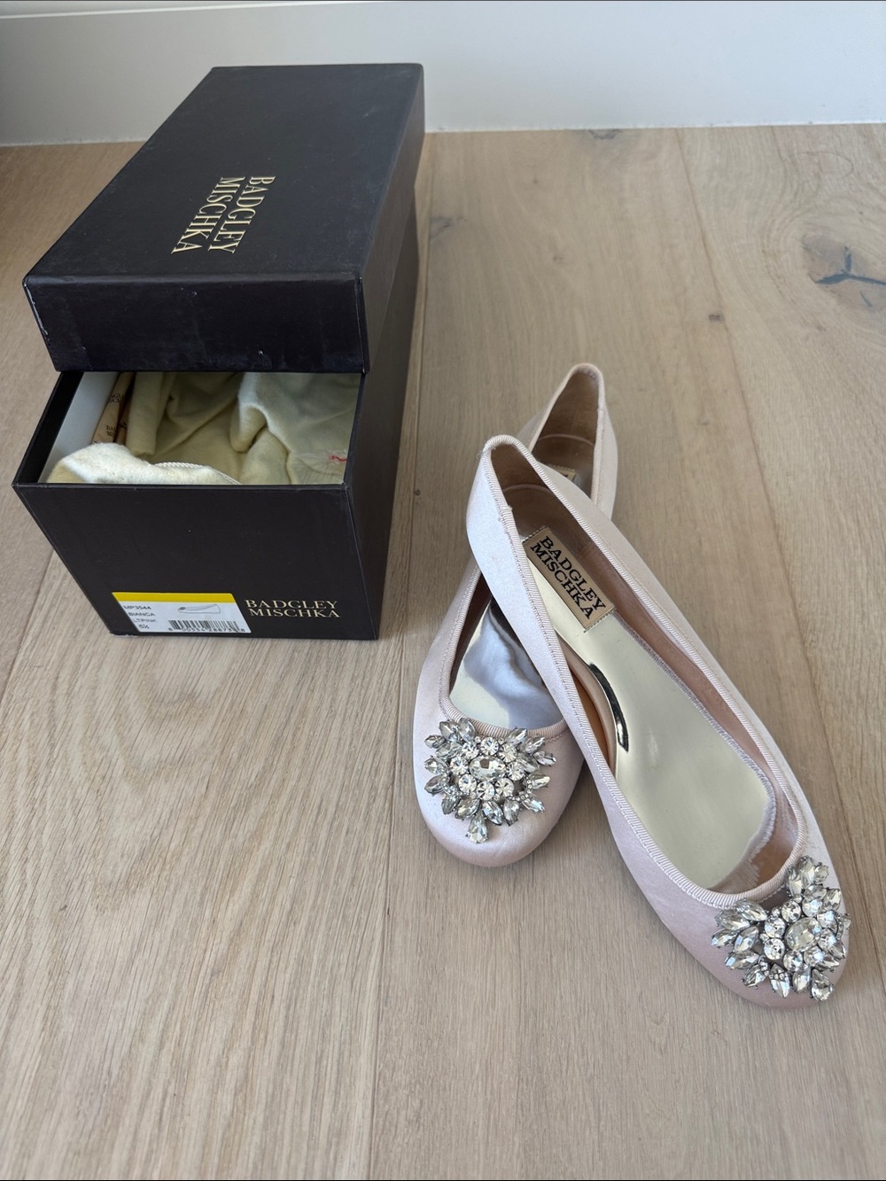 Badgley Mischka Pale Pink Satin Jeweled Ballet Flats